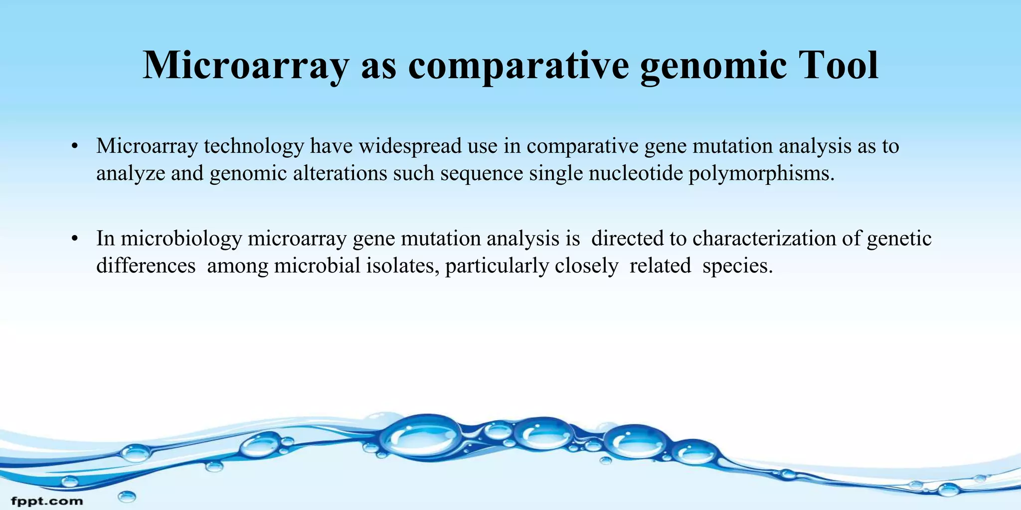 Microarray as comparative genomic Tool
• Microarray technology have widespread use in comparative gene mutation analysis as to
analyze and genomic alterations such sequence single nucleotide polymorphisms.
• In microbiology microarray gene mutation analysis is directed to characterization of genetic
differences among microbial isolates, particularly closely related species.
 