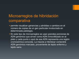 Microarreglos de hibridación
comparativa
 permite visualizar ganancias y pérdidas o cambios en el
número de copias de un gen particular involucrado en
determinada patología.
 En este tipo de microarreglos se usan grandes porciones de
ADN genómico que sirven como ADN inmovililizado en el
plato y cada punto o spot de ese ADN representa una región
cromosómica conocida. La mezcla a hibridizar contendrá
ADN genómico marcado, proveniente de tejido enfermo y
tejido sano.

 