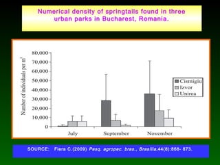 Numerical density of springtails found in three
urban parks in Bucharest, Romania.
SOURCE: Fiera C.(2009) Pesq. agropec. bras., Brasília,44(8):868- 873.
 