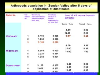 Arthropods population in Zendan Valley after 5 days of
application of dimethoate
(SOURCE: Ahssan et al.(2006) J. Appl. Sci. Environ. Mgt., 10 (2) 37 – 41)
Station No. Sub-
Station
No.
Dimethoate
residues in treated
Station(mg/kg air
dried soil)
Omethoate
residues in
treated
Station(mg/kg
air dried soil)
No.of of soil microarthropods
extracted
Upstream 1
2
3
0.194
1.568
5.180
0.005
0.006
0.020
Midstream 4
5
6
5.068
2.324
1.368
0.020
0.014
0.001
Downstream 7
8
9
3.157
2.028
1.413
0.067
0.032
0.021
Control - farmsControl - farms
6.606.60
12.0012.00
7.677.67
6.006.00
15.0015.00
14.0014.00
9.009.00
4.334.33
15.6715.67
Treated - farmsTreated - farms
3.303.30
2.602.60
2.002.00
3.333.33
4.334.33
7.007.00
0.000.00
2.332.33
6.006.00
 
