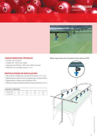 21
©NAANDANJAINLtd.02/2014
CARACTERÍSTICAS TÉCNICAS
•	Presión: 2.0 a 3.5 bar
•	Caudal: 30 - 40 l/h (ver tabla)
•	Requisitos de filtrado: 120 mesh (130 micrones)
•	Diámetro de humedecimiento: 1.2 m
CAUDALES Y PRESIONES
Presión (bar) 2.0 2.5 3.0 3.5
Caudal (l/h) 30 34 37 40
INSTRUCCIONES DE INSTALACIÓN
•	 Altura de las unidades por encima de las mesas: 1.0 - 1.2 m
•	 Espaciamiento máximo entre unidades sobre el lateral: 0.8 m
•	 Espaciamiento máximo entre laterales: 0.8 m
•	 Distancia máxima del lateral desde el borde del banco: 0.1 m
Diseño esquemático de una instalación sobre tuberia de PVC
Max.
0.1 m
Max. 0.8 m
m0.1.niM
Max. 0.8 m
 