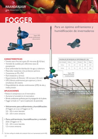 22
©NAANDANJAINLtd.02/2014
Para un óptimo enfriamiento y
humidificación de invernaderos
FOGGER
CAUDALES DE BOQUILLA OPCIONALES (l/h)
Color de boquilla Violeta Azul Naranja Rojo Negro
3.0 bar 4.5 6.0 12.0 18.0 24.0
4.0 bar 5.3 7.0 14.0 21.0 28.0
Super LPD
válvula antidrenante
(alta presión)
Super LPD
válvula antidrenante
(media presión)
CARACTERISTICAS
• Tamaño extra fino de la gota (55 micrones @ 4,0 bar)
•	Variedad de caudales para diferentes tasas de
precipitación
•	Gran uniformidad de distribución de agua y cobertura
•	Materiales resistentes a los productos químicos
•	Conexiones en PE y PVC
•	Fácil instalación y servicio
•	 Requerimientos de filtración: 130 micrones (120 mesh)
•	LPD (Válvula antidrenante) para apertura y cierre
simultáneos del sistema
•	Disponibilidad de válvulas antidrenantes (LPD) de alta y
media presión
APLICACIONES
• Reduce la temperatura en el invernadero
•	Aumenta la humedad en el invernadero
•	 Brinda condiciones perfectas para la propagación de la planta
•	Fogger armado en T para la aplicación de pesticidas
•	Unicamente para enfriamiento y humidificación:
(4 Foggers en cruz o 2 Foggers en T)
3,0 – 4,0 m entre laterales
2,0 – 3,0 m entre emisores
•	Para enfriamiento, humidificación y rociado:
(Solo 2 Foggers en T)
2,0 – 3,0 m entre laterales
1,5 m entre emisores
Por favor verifique los detalles de la instalación final con el representante local de NDJ
 
