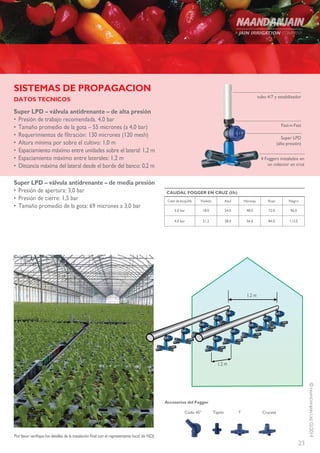 23
©NAANDANJAINLtd.02/2014
SISTEMAS DE PROPAGACION
DATOS TECNICOS
Super LPD – válvula antidrenante – de alta presión
•	Presión de trabajo recomendada. 4,0 bar
•	Tamaño promedio de la gota – 55 micrones (a 4,0 bar)
•	Requerimientos de filtración: 130 micrones (120 mesh)
•	Altura mínima por sobre el cultivo: 1,0 m
•	 Espaciamiento máximo entre unidades sobre el lateral: 1,2 m
•	Espaciamiento máximo entre laterales: 1,2 m
•	 Distancia máxima del lateral desde el borde del banco: 0,2 m
Super LPD – válvula antidrenante – de media presión
•	Presión de apertura: 3,0 bar
•	Presión de cierre: 1,5 bar
•	Tamaño promedio de la gota: 69 micrones a 3,0 bar
tubo 4/7 y estabilizador
Fast-n-Fast
Accesorios del Fogger
Codo 45° Tapón T Cruceta
Super LPD
(alta presión)
4 Foggers instalados en
un colector en cruz
1.2 m
1.2 m
CAUDAL FOGGER EN CRUZ (l/h)
Color de boquilla Violeta Azul Naranja Rojo Negro
3.0 bar 18.0 24.0 48.0 72.0 96.0
4.0 bar 21.2 28.0 56.0 84.0 112.0
Por favor verifique los detalles de la instalación final con el representante local de NDJ
 
