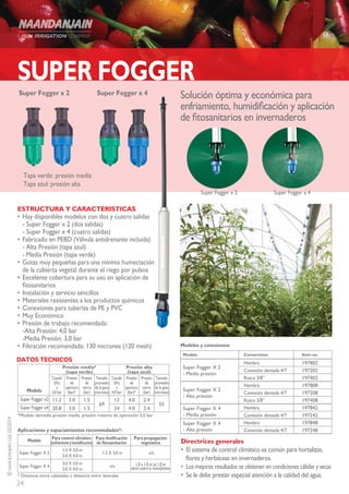 24
©NAANDANJAINLtd.02/2014
Solución óptima y económica para
enfriamiento, humidificación y aplicación
de fitosanitarios en invernaderos
SUPER FOGGER
ESTRUCTURA Y CARACTERISTICAS
•	Hay disponibles modelos con dos y cuatro salidas
- Super Fogger x 2 (dos salidas)
- Super Fogger x 4 (cuatro salidas)
•	Fabricado en PEBD (Válvula antidrenante incluida)
- Alta Presión (tapa azul)
- Media Presión (tapa verde)
•	Gotas muy pequeñas para una mínima humectación
de la cubierta vegetal durante el riego por pulsos
•	Excelente cobertura para su uso en aplicación de
fitosanitarios
•	Instalación y servicio sencillos
•	Materiales resistentes a los productos químicos
•	Conexiones para tuberías de PE y PVC
•	Muy Económico
•	Presión de trabajo recomendada:
-Alta Presión: 4,0 bar
-Media Presión: 3,0 bar
•	Filtración recomendada: 130 micrones (120 mesh)
Super Fogger x 4
Super Fogger x 4
Super Fogger x 2
Super Fogger x 2
Tapa verde: presión media
Tapa azul: presión alta
Modelo
Presión media*
(tapa verde)
Presión alta
(tapa azul)
Caudal
(l/h)
a
3,0 bar
Presión
de
apertura
(bar)*
Presión
de
cierre
(bar)
Tamaño
promedio
de la gota
(micrones)
Caudal
(l/h)
a
4,0 bar
Presión
de
apertura
(bar)*
Presión
de
cierre
(bar)
Tamaño
promedio
de la gota
(micrones)
Super Fogger x2 11.2 3.0 1.5
69
13 4.0 2.4
55
Super Fogger x4 20.8 3.0 1.5 24 4.0 2.4
*Modelo demedia presión media, presión máxima de operación 3,5 bar
Aplicaciones y espaciamientos recomendados*:
Modelo
Para control climático
(enfriamientoyhumidificación)
Para dosificación
de fitosanitarios
Para propagación
vegetativa
Super Fogger X 2
1.5 X 3.0 m
2.0 X 4.0 m
1.5 X 3.0 m n/a
Super Fogger X 4
3.0 X 3.0 m
2.0 X 4.0 m
n/a 1.0 x 1.0 m at 1.0 m
altura sobre la mesa/plantas
* Distancia entre cabezales x distancia entre laterales
DATOS TECNICOS
Directrices generales
•	 El sistema de control climático es común para hortalizas,
flores y herbáceas en invernaderos.
•	 Los mejores resultados se obtienen en condiciones cálidas y secas
•	 Se le debe prestar especial atención a la calidad del agua.
Modelo Connections Item no.
Super Fogger X 2
- Media presión
Hembra 197802
Conexión dentada 4/7 197202
Rosca 3/8” 197402
Super Fogger X 2
- Alta presión
Hembra 197808
Conexión dentada 4/7 197208
Rosca 3/8” 197408
Super Fogger X 4
- Media presión
Hembra 197842
Conexión dentada 4/7 197242
Super Fogger X 4
- Alta presión
Hembra 197848
Conexión dentada 4/7 197248
Modelos y conexiones:
 