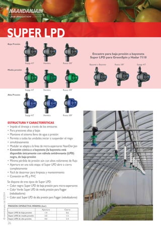 26
©NAANDANJAINLtd.02/2014
SUPER LPD
ESTRUCTURA Y CARACTERÍSTICAS
•	 Impide el drenaje a través de los emisores
•	 Para presiones altas y bajas
•	 Mantiene el sistema lleno de agua a presión
•	 Permite a todas las unidades iniciar o suspender el riego
•	 simultáneamente
•	 Modular se adapta a la línea de micro-aspersores NaanDan Jain
•	 Conexión cónica o a bayoneta (la bayoneta está
disponible únicamente con válvula antidrenante (LPD)
negra, de baja presión
•	 Mínima pérdida de presión aún con altos volúmenes de flujo
•	 Apertura en una sola etapa: el Super LPD abre o cierra
completamente
•	 Fácil de desarmar para limpieza y mantenimiento
•	 Conexión en PE y PVC
Se dispone de tres tipos de Super LPD:
•	 Color negro: Super LPD de baja presión para micro-aspersores
•	 Color Verde: Super LPD de media presión para Fogger
(nebulizadores)
•	 Color azul: Super LPD de alta presión para Fogger (nebulizadores)
Alta Presión
Espiga 4/7 Hembra Rosca 3/8”
Espiga 4/7 Hembra Rosca 3/8”
Baja Presión
Encastre para baja presión a bayoneta
Super LPD para GreenSpin y Hadar 7110
Espiga 4/7Rosca 3/8”Bayonet x Bayonet
PRESIÓN OPERATIVA MÍNIMA (bar)
Apertura Cierre
Super LPD de baja presión 1.4 0.6
Super LPD de media presión 3.0 1.5
Super LPD de alta presión 4.0 2.4
Espiga 4/7 Hembra Rosca 3/8”
Media presión
 