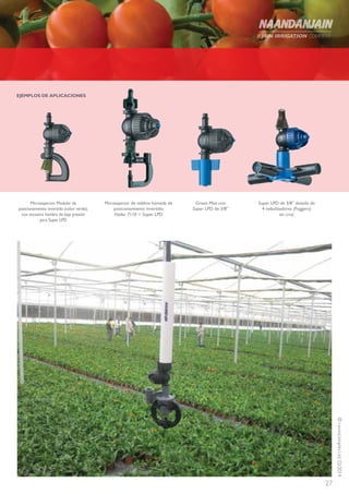 27
©NAANDANJAINLtd.02/2014
EJEMPLOS DE APLICACIONES
Microaspersor Modular de
posicionamiento invertido (color verde),
con encastre hembra de baja presión
para Super LPD
Microaspersor de neblina húmeda de
posicionamiento invertido
Hadar 7110 + Super LPD
Green Mist con
Super LPD de 3/8”
Super LPD de 3/8” dotado de
4 nebulizadores (Foggers)
en cruz
 