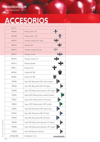28
©NAANDANJAINLtd.02/2014
ACCESORIOS
Item #
Mariposa 3/8” x 4/7897030
Mariposa 3/8” x 7/10897028
Conector mariposa 4/7, negro897010
Mariposa 3/8”897016
Conector mariposa 4/7, gris897019
Mariposa roscada897017
Mariposa roscada 1/4”897012
Mariposa paralela897013
Mariposa 7/10897011
Cabezal 3/8” BSP897002
Cabezal 1/2” BSP897001
Super LPD, Baja presión LPD, hembra (negro)790308
Super LPD, Baja presión LPD, 4/7 (negro)790328
Super LPD, Baja presión bayoneta, 3/8” (negro)790348
Super LPD, Media presión, hembra (verde)790302
Super LPD, Media presión, 4/7 (verde)790322
Super LPD, Media presión, 3/8” (verde)790342
Super LPD, Alta presión LPD, hembra (azul)790303
Super LPD, Alta presión LPD, 4/7 (azul)790323
Super LPD, Alta presión LPD, 3/8” (azul)790343
Super LPD, Baja presión bayoneta, 4/7 (negro)790228
Super LPD, Baja presión bayoneta, 3/8” (negro)790248
Super LPD bayoneta / bayoneta790258
Estabilizador 13 cmJ67202J1000
 