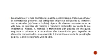 ▪ Evolutivamente temos divergências quanto à classificação. Podemos agrupar
os nematódeos próximos aos artrópodes (hipótese ecdizozoa) ou distantes
dos artrópodes (hipótese articulata). Apesar de diversos representantes de
vida livre, os parasitas são maiores e mais bem conhecidos por conta de sua
importância médica. A filariose é transmitida por picadas de mosquito,
enquanto a oxiurose e a ascaridíase são transmitidas pela ingestão de
alimentos contaminados. Já o amarelão é transmitido através da penetração
da pele, já que este parasita vive no solo.
 