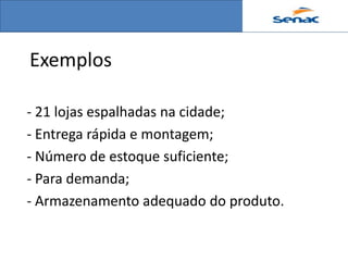 Exemplos

- 21 lojas espalhadas na cidade;
- Entrega rápida e montagem;
- Número de estoque suficiente;
- Para demanda;
- Armazenamento adequado do produto.
 