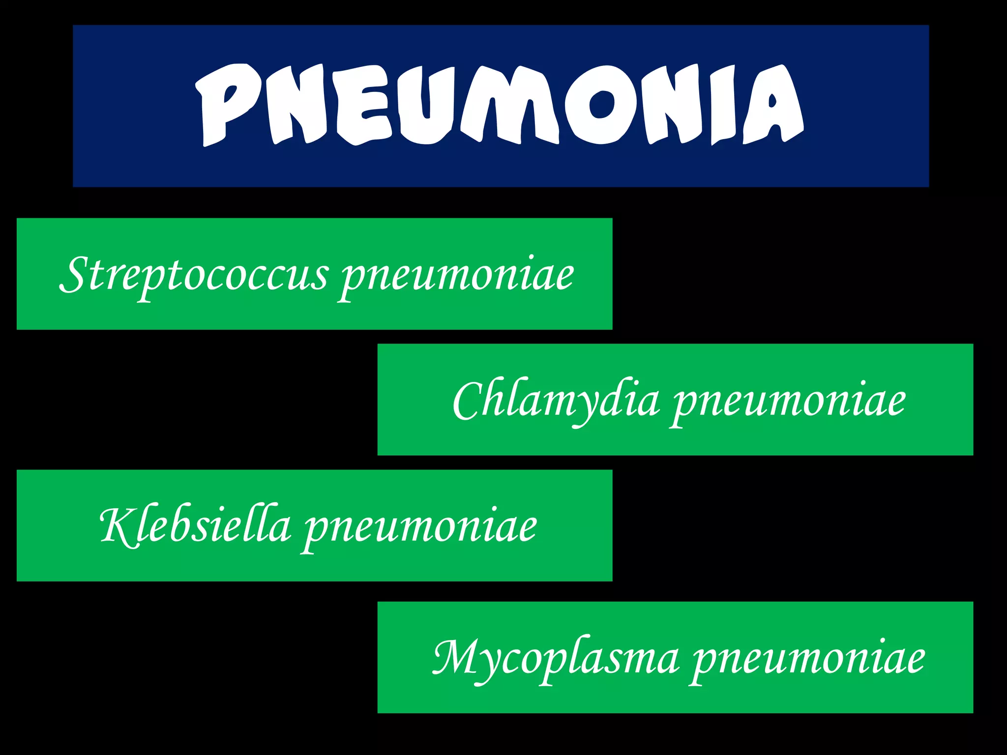 Streptococcus pneumoniae
pneumonia
Chlamydia pneumoniae
Klebsiella pneumoniae
Mycoplasma pneumoniae
 