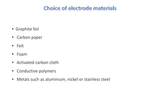 • Graphite foil
• Carbon paper
• Felt
• Foam
• Activated carbon cloth
• Conductive polymers
• Metals such as aluminium, nickel or stainless steel
 