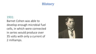 1931:
Barnet Cohen was able to
develop enough microbial fuel
cells, in which were connected
in series would produce over
35 volts with only a current of
2 milliamps.
 