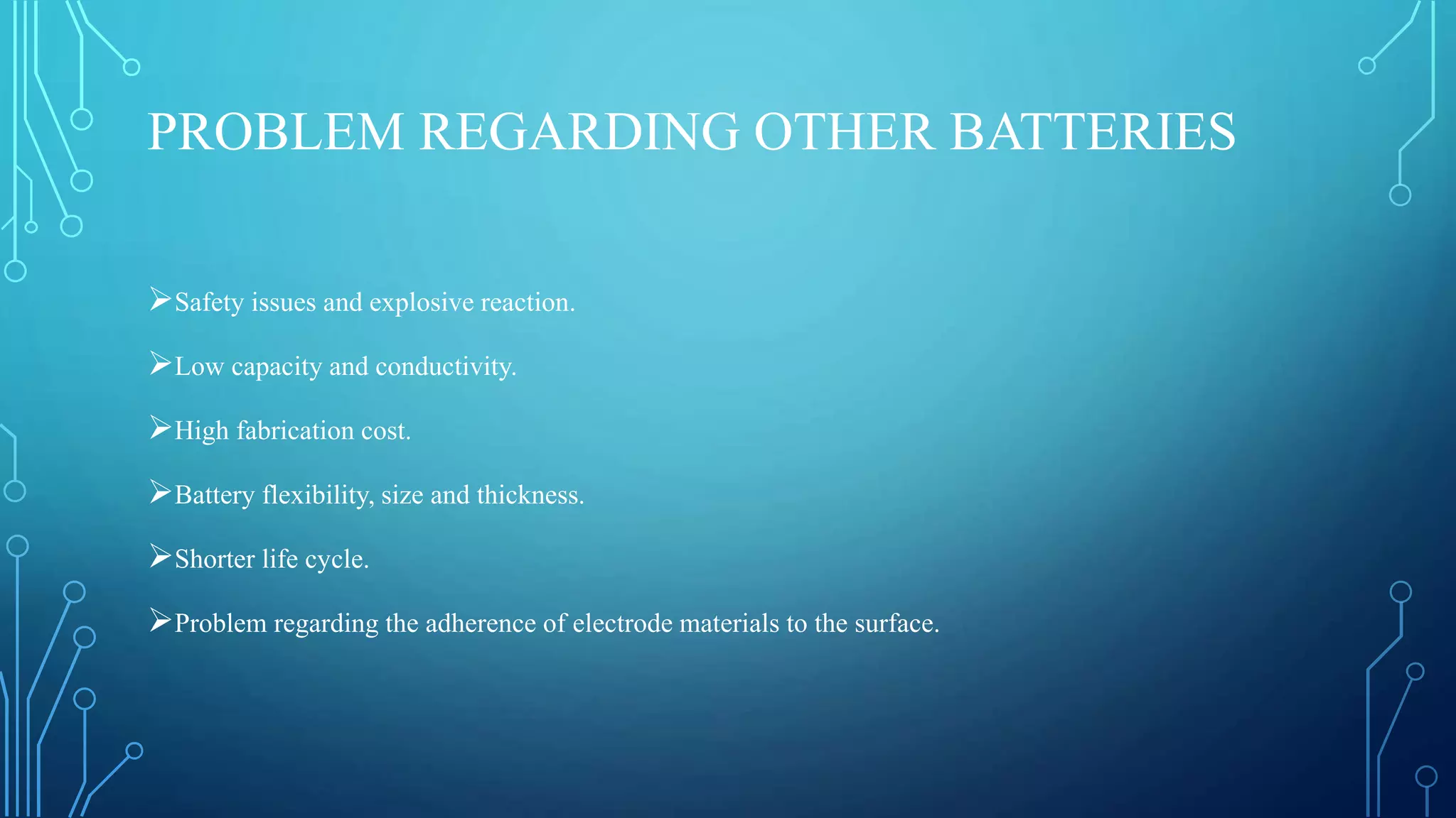 PROBLEM REGARDING OTHER BATTERIES
Safety issues and explosive reaction.
Low capacity and conductivity.
High fabrication cost.
Battery flexibility, size and thickness.
Shorter life cycle.
Problem regarding the adherence of electrode materials to the surface.
 