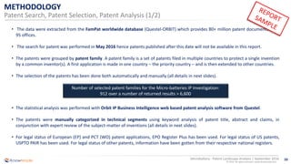 10
© 2016 All rights reserved | www.knowmade.com
Microbattery - Patent Landscape Analysis | September 2016
• The data were extracted from the FamPat worldwide database (Questel-ORBIT) which provides 80+ million patent documents from
95 offices.
• The search for patent was performed in May 2016 hence patents published after this date will not be available in this report.
• The patents were grouped by patent family. A patent family is a set of patents filed in multiple countries to protect a single invention
by a common inventor(s). A first application is made in one country – the priority country – and is then extended to other countries.
• The selection of the patents has been done both automatically and manually (all details in next slides).
• The statistical analysis was performed with Orbit IP Business Intelligence web based patent analysis software from Questel.
• The patents were manually categorized in technical segments using keyword analysis of patent title, abstract and claims, in
conjunction with expert review of the subject-matter of inventions (all details in next slides).
• For legal status of European (EP) and PCT (WO) patent applications, EPO Register Plus has been used. For legal status of US patents,
USPTO PAIR has been used. For legal status of other patents, information have been gotten from their respective national registers.
METHODOLOGY
Patent Search, Patent Selection, Patent Analysis (1/2)
Number of selected patent families for the Micro-batteries IP Investigation:
912 over a number of returned results > 6,600
 
