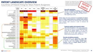 18
© 2016 All rights reserved | www.knowmade.com
Microbattery - Patent Landscape Analysis | September 2016
PATENT LANDSCAPE OVERVIEW
Countries of Patent Filing for Main Patent Assignees
Countries are defined by the country code from the patent
numbers. The number represents number of published patent
families. Note that PCT (Wo) and European (EP) applications may
hide other countries that are not yet published.
 