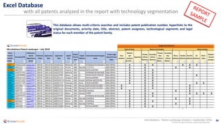 39
© 2016 All rights reserved | www.knowmade.com
Microbattery - Patent Landscape Analysis | September 2016
Excel Database
with all patents analyzed in the report with technology segmentation
This database allows multi-criteria searches and includes patent publication number, hyperlinks to the
original documents, priority date, title, abstract, patent assignees, technological segments and legal
status for each member of the patent family.
 