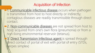Acquisition of Infection
1. Communicable infectious disease occurs when pathogen
is transmitted from host to host directly or indirectly;
contagious diseases are readily transmissible through direct
contact.
2. Non-communicable diseases are not spread from host to
host; acquired from one’s own flora (pneumonia) or from a
non-living environmental reservoir (tetanus).
3. Direct Transmission Infectious agent is spread through
direct contact of portal of exit with portal of entry (STDs,
herpes simplex)
 