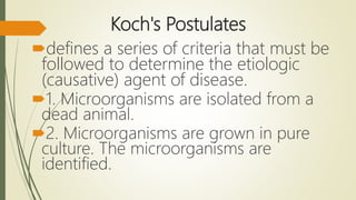 Koch's Postulates
defines a series of criteria that must be
followed to determine the etiologic
(causative) agent of disease.
1. Microorganisms are isolated from a
dead animal.
2. Microorganisms are grown in pure
culture. The microorganisms are
identified.
 