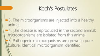 Koch's Postulates
3. The microorganisms are injected into a healthy
animal.
4. The disease is reproduced in the second animal;
microorganisms are isolated from this animal.
5. Pathogenic microorganisms are grown in pure
culture. Identical microorganism identified.
 