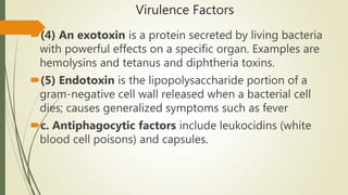 Virulence Factors
(4) An exotoxin is a protein secreted by living bacteria
with powerful effects on a specific organ. Examples are
hemolysins and tetanus and diphtheria toxins.
(5) Endotoxin is the lipopolysaccharide portion of a
gram-negative cell wall released when a bacterial cell
dies; causes generalized symptoms such as fever
c. Antiphagocytic factors include leukocidins (white
blood cell poisons) and capsules.
 