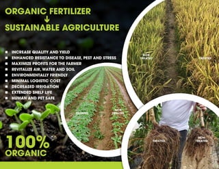 100%
ORGANIC
 INCREASE QUALITY AND YIELD
 ENHANCED RESISTANCE TO DISEASE, PEST AND STRESS
 MAXIMIZE PROFITS FOR THE FARMER
 REVITALIZE AIR, WATER AND SOIL
 ENVIRONMENTALLY FRIENDLY
 MINIMAL LOGISTIC COST
 DECREASED IRRIGATION
 EXTENDED SHELF LIFE
 HUMAN AND PET SAFE
TREATED
TREATED
TREATED
NON
TREATED
NON
TREATED
NON
TREATED
ORGANIC FERTILIZER
SUSTAINABLE AGRICULTURE
 