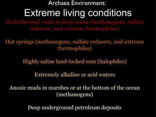 Archaea Environment:  Extreme living conditions Hydrothermal vents in deep ocean (methanogens, sulfate reducers, and extreme thermophiles) Hot springs (methanogens, sulfate reducers, and extreme thermophiles) Highly saline land-locked seas (halophiles) Extremely alkaline or acid waters Anoxic muds in marshes or at the bottom of the ocean (methanogens) Deep underground petroleum deposits 