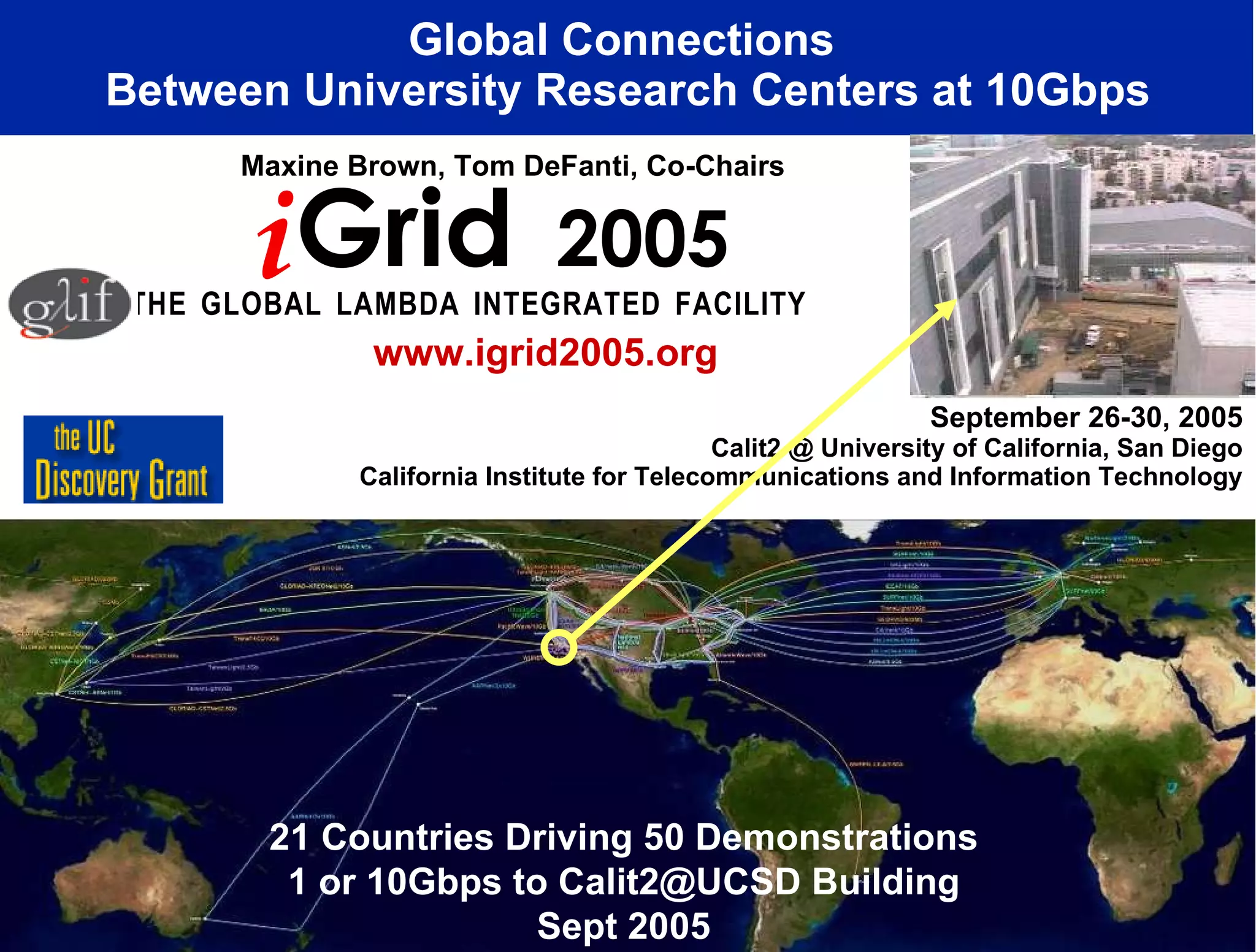 September 26-30, 2005 Calit2 @ University of California, San Diego California Institute for Telecommunications and Information Technology Global Connections  Between University Research Centers at 10Gbps T   H   E  G   L   O   B   A   L  L   A   M   B   D   A  I   N   T   E   G   R   A   T   E   D  F   A   C   I   L   I   T   Y   Maxine Brown, Tom DeFanti, Co-Chairs www.igrid2005.org 21 Countries Driving 50 Demonstrations 1 or 10Gbps to Calit2@UCSD Building Sept 2005 i Grid  2005 