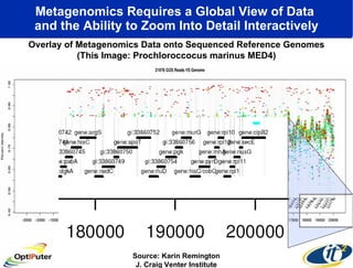 Metagenomics Requires a Global View of Data  and the Ability to Zoom Into Detail Interactively Overlay of Metagenomics Data onto Sequenced Reference Genomes (This Image: Prochloroccocus marinus MED4) Source: Karin Remington J. Craig Venter Institute 