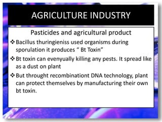 AGRICULTURE INDUSTRY
Pasticides and agricultural product
Bacillus thuringieniss used organisms during
sporulation it produces “ Bt Toxin”
Bt toxin can evenyually killing any pests. It spread like
as a dust on plant
But throught recombinationt DNA technology, plant
can protect themselves by manufacturing their own
bt toxin.
 