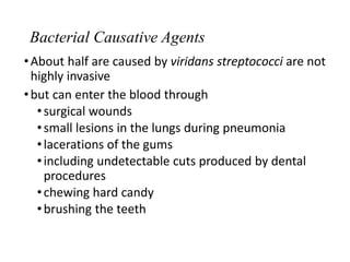 Bacterial Causative Agents
•About half are caused by viridans streptococci are not
highly invasive
•but can enter the blood through
•surgical wounds
•small lesions in the lungs during pneumonia
•lacerations of the gums
•including undetectable cuts produced by dental
procedures
•chewing hard candy
•brushing the teeth
 