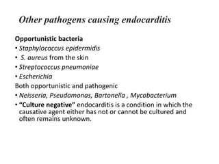 Other pathogens causing endocarditis
Opportunistic bacteria
• Staphylococcus epidermidis
• S. aureus from the skin
• Streptococcus pneumoniae
• Escherichia
Both opportunistic and pathogenic
• Neisseria, Pseudomonas, Bartonella , Mycobacterium
• “Culture negative” endocarditis is a condition in which the
causative agent either has not or cannot be cultured and
often remains unknown.
 