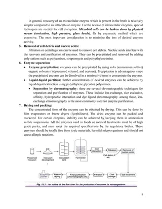 5
In general, recovery of an extracellular enzyme which is present in the broth is relatively
simpler compared to an intracellular enzyme. For the release of intracellular enzymes, special
techniques are needed for cell disruption. Microbial cells can be broken down by physical
means (sonication, high pressure, glass beads). Or by enzymatic method which are
expensive. The most important consideration is to minimise the loss of desired enzyme
activity.
5. Removal of cell debris and nucleic acids:
Filtration or centrifugation can be used to remove cell debris. Nucleic acids interfere with
the recovery and purification of enzymes. They can be precipitated and removed by adding
poly-cations such as polyamines, streptomycin and polyethyleneimine.
6. Enzyme separation
 Enzyme precipitation: enzymes can be precipitated by using salts (ammonium sulfate)
organic solvents (isopropanol, ethanol, and acetone). Precipitation is advantageous since
the precipitated enzyme can be dissolved in a minimal volume to concentrate the enzyme.
 Liquid-liquid partition: further concentration of desired enzymes can be achieved by
liquid-liquid extraction using polyethylene glycol or polyamines.
 Separation by chromatography: there are several chromatographic techniques for
separation and purification of enzymes. These include ion-exchange, size exclusion,
affinity, hydrophobic interaction and dye ligand chromatography .among these, ion-
exchange chromatography is the most commonly used for enzyme purification.
7. Drying and packing:
The concentrated form of the enzyme can be obtained by drying. This can be done by
film evaporators or freeze dryers (lyophilizers). The dried enzyme can be packed and
marketed. For certain enzymes, stability can be achieved by keeping them in ammonium
sulfate suspensions. All the enzymes used in foods or medical treatments must be of high
grade purity, and must meet the required specifications by the regulatory bodies. These
enzymes should be totally free from toxic materials, harmful microorganisms and should not
cause allergic reactions.
 