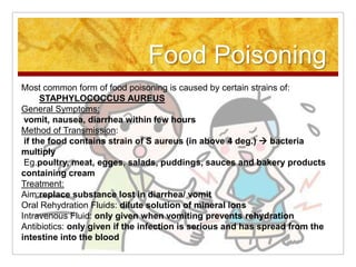 Food PoisoningMost common form of food poisoning is caused by certain strains of: 			STAPHYLOCOCCUS AUREUSGeneral Symptoms:  vomit, nausea, diarrhea within few hours Method of Transmission: if the food contains strain of S aureus (in above 4 deg.)  bacteria multiply  Eg.poultry, meat, egges, salads, puddings, sauces and bakery products containing creamTreatment: Aim:replace substance lost in diarrhea/ vomit Oral Rehydration Fluids: dilute solution of mineral ionsIntravenous Fluid: only given when vomiting prevents rehydrationAntibiotics: only given if the infection is serious and has spread from the intestine into the blood 