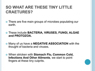 SO WHAT ARE THESE TINY LITTLE
CRAETURES?
 There are five main groups of microbes populating our
earth.
 These include BACTERIA, VIRUSES, FUNGI, ALGAE
and PROTOZOA.
 Many of us have a NEGATIVE ASSOCIATION with the
thought of bacteria and viruses.
 When stricken with Stomach Flu, Common Cold,
Infections And Other Ailments, we start to point
fingers at these tiny culprits.
 