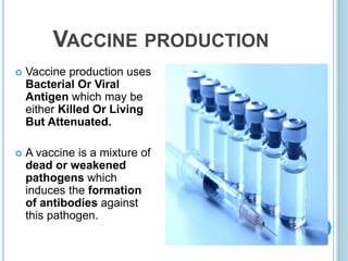 VACCINE PRODUCTION
 Vaccine production uses
Bacterial Or Viral
Antigen which may be
either Killed Or Living
But Attenuated.
 A vaccine is a mixture of
dead or weakened
pathogens which
induces the formation
of antibodies against
this pathogen.
 