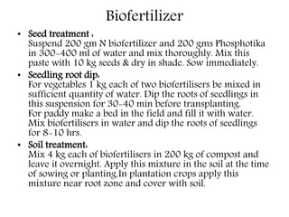 Biofertilizer
• Seed treatment :
Suspend 200 gm N biofertilizer and 200 gms Phosphotika
in 300-400 ml of water and mix thoroughly. Mix this
paste with 10 kg seeds & dry in shade. Sow immediately.
• Seedling root dip:
For vegetables 1 kg each of two biofertilisers be mixed in
sufficient quantity of water. Dip the roots of seedlings in
this suspension for 30-40 min before transplanting.
For paddy make a bed in the field and fill it with water.
Mix biofertilisers in water and dip the roots of seedlings
for 8-10 hrs.
• Soil treatment:
Mix 4 kg each of biofertilisers in 200 kg of compost and
leave it overnight. Apply this mixture in the soil at the time
of sowing or planting.In plantation crops apply this
mixture near root zone and cover with soil.
 