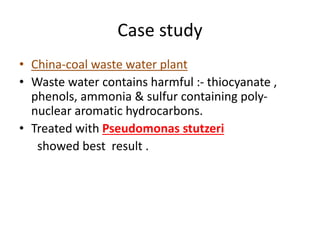 Case study
• China-coal waste water plant
• Waste water contains harmful :- thiocyanate ,
phenols, ammonia & sulfur containing poly-
nuclear aromatic hydrocarbons.
• Treated with Pseudomonas stutzeri
showed best result .
 