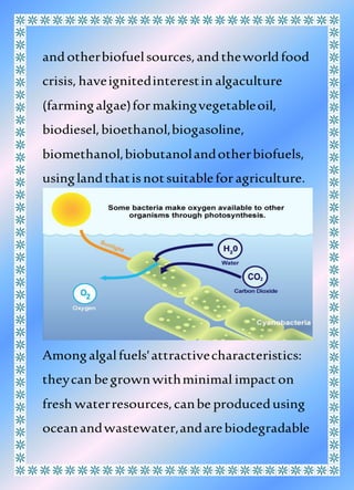 andotherbiofuelsources,andtheworldfood
crisis, haveignitedinterestin algaculture
(farmingalgae)formakingvegetableoil,
biodiesel,bioethanol,biogasoline,
biomethanol,biobutanolandotherbiofuels,
usinglandthatisnotsuitableforagriculture.
Amongalgalfuels'attractivecharacteristics:
theycan begrownwithminimal impacton
fresh waterresources,canbe producedusing
oceanandwastewater,andarebiodegradable
 