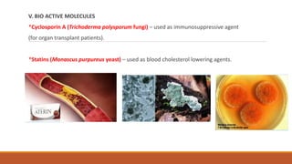 V. BIO ACTIVE MOLECULES
*Cyclosporin A (Trichoderma polysporum fungi) – used as immunosuppressive agent
(for organ transplant patients).
*Statins (Monascus purpureus yeast) – used as blood cholesterol lowering agents.
 