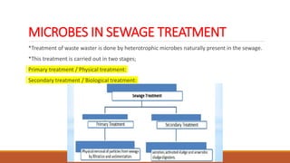 MICROBES IN SEWAGE TREATMENT
*Treatment of waste waster is done by heterotrophic microbes naturally present in the sewage.
*This treatment is carried out in two stages;
Primary treatment / Physical treatment:
Secondary treatment / Biological treatment:
 