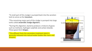 *A small part of this sludge is pumped back into the aeration
tank to serve as the inoculum.
*The remaining major part of the sludge is pumped into large
tanks called anaerobic sludge digesters.
*During this digestion, bacteria produce a mixture of gases
such as methane, hydrogen sulphide and carbon dioxide.
These gases form biogas.
*The effluent from the secondary treatment plant is
generally released into natural water bodies like rivers and
streams.
 
