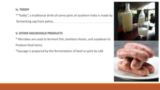 Iv. TODDY
*“Toddy”, a traditional drink of some parts of southern India is made by
fermenting sap from palms.
V. OTHER HOUSEHOLD PRODUCTS
* Microbes are used to ferment fish, bamboo shoots, and soyabean to
Produce food items.
*Sausage is prepared by the fermentation of beef or pork by LAB.
 
