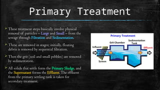 Primary Treatment
 These treatment steps basically involve physical
removal of particles – Large and Small – from the
sewage through Filtration and Sedimentation.
 These are removed in stages; initially, floating
debris is removed by sequential filtration.
 Then the grit (soil and small pebbles) are removed
by sedimentation.
 All solids that settle form the Primary Sludge, and
the Supernatant forms the Effluent.The effluent
from the primary settling tank is taken for
secondary treatment.
 