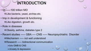 INTRODUCTION
• GI------100 trillion MO
Like bacteria, yeast, archea etc.
• Imp in development & functioning
Like digestion, growth etc.
• Role in diseases
Obesity, asthma, diabetes type 2
• Recent studies ----- GBA ---- CNS ----- Neuropsychiatric Disorder
Mechanism ----- not well understood
Research ----- bidirectional communication
b/w GMB & CNS
Anxiety & depression
 