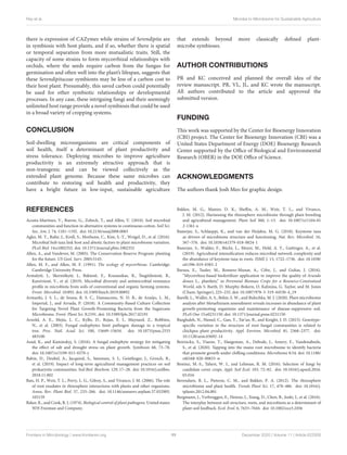 Ray et al. Microbe to Microbiome for Sustainable Agriculture
there is expression of CAZymes while strains of Serendipita are
in symbiosis with host plants, and if so, whether there is spatial
or temporal separation from more mutualistic traits. Still, the
capacity of some strains to form mycorrhizal relationships with
orchids, where the seeds require carbon from the fungus for
germination and often well into the plant’s lifespan, suggests that
these Serendipitaceae symbionts may be less of a carbon cost to
their host plant. Presumably, this saved carbon could potentially
be used for other symbiotic relationships or developmental
processes. In any case, these intriguing fungi and their seemingly
unlimited host range provide a novel symbiosis that could be used
in a broad variety of cropping systems.
CONCLUSION
Soil-dwelling microorganisms are critical components of
soil health, itself a determinant of plant productivity and
stress tolerance. Deploying microbes to improve agriculture
productivity is an extremely attractive approach that is
non-transgenic and can be viewed collectively as the
extended plant genome. Because these same microbes can
contribute to restoring soil health and productivity, they
have a bright future in low-input, sustainable agriculture
that extends beyond more classically defined plant-
microbe symbioses.
AUTHOR CONTRIBUTIONS
PR and KC conceived and planned the overall idea of the
review manuscript. PR, VL, JL, and KC wrote the manuscript.
All authors contributed to the article and approved the
submitted version.
FUNDING
This work was supported by the Center for Bioenergy Innovation
(CBI) project. The Center for Bioenergy Innovation (CBI) was a
United States Department of Energy (DOE) Bioenergy Research
Center supported by the Office of Biological and Environmental
Research (OBER) in the DOE Office of Science.
ACKNOWLEDGMENTS
The authors thank Josh Meo for graphic design.
REFERENCES
Acosta-Martínez, V., Burow, G., Zobeck, T., and Allen, V. (2010). Soil microbial
communities and function in alternative systems to continuous cotton. Soil Sci.
Soc. Am. J. 74, 1181–1192. doi: 10.2136/sssaj2008.0065
Agler, M. T., Ruhe, J., Kroll, S., Morhenn, C., Kim, S.-T., Weigel, D., et al. (2016).
Microbial hub taxa link host and abiotic factors to plant microbiome variation.
PLoS Biol. 14:e1002352. doi: 10.1371/journal.pbio.1002352
Allen, A., and Vandever, M. (2005). The Conservation Reserve Program: planting
for the future. US Geol. Surv. 2005:5145.
Allen, M. F., and Allen, M. F. (1991). The ecology of mycorrhizae. Cambridge:
Cambridge University Press.
Armalytë, J., Skerniškytë, J., Bakienë, E., Krasauskas, R., Šiugždinienë, R.,
Kareivienë, V., et al. (2019). Microbial diversity and antimicrobial resistance
profile in microbiota from soils of conventional and organic farming systems.
Front. Microbiol. 10:892. doi: 10.3389/fmicb.2019.00892
Armanhi, J. S. L., de Souza, R. S. C., Damasceno, N. D. B., de Araújo, L. M.,
Imperial, J., and Arruda, P. (2018). A Community-Based Culture Collection
for Targeting Novel Plant Growth-Promoting Bacteria from the Sugarcane
Microbiome. Front. Plant Sci. 8:2191. doi: 10.3389/fpls.2017.02191
Arnold, A. E., Mejía, L. C., Kyllo, D., Rojas, E. I., Maynard, Z., Robbins,
N., et al. (2003). Fungal endophytes limit pathogen damage in a tropical
tree. Proc. Natl. Acad. Sci. 100, 15649–15654. doi: 10.1073/pnas.2533
483100
Azad, K., and Kaminskyj, S. (2016). A fungal endophyte strategy for mitigating
the effect of salt and drought stress on plant growth. Symbiosis 68, 73–78.
doi: 10.1007/s13199-015-0370-y
Babin, D., Deubel, A., Jacquiod, S., Sørensen, S. J., Geistlinger, J., Grosch, R.,
et al. (2019). Impact of long-term agricultural management practices on soil
prokaryotic communities. Soil Biol. Biochem. 129, 17–28. doi: 10.1016/j.soilbio.
2018.11.002
Bais, H. P., Weir, T. L., Perry, L. G., Gilroy, S., and Vivanco, J. M. (2006). The role
of root exudates in rhizosphere interactions with plants and other organisms.
Annu. Rev. Plant Biol. 57, 233–266. doi: 10.1146/annurev.arplant.57.032905.
105159
Baker, K., and Cook, R. J. (1974). Biological control of plant pathogens. United states:
WH Freeman and Company.
Bakker, M. G., Manter, D. K., Sheflin, A. M., Weir, T. L., and Vivanco,
J. M. (2012). Harnessing the rhizosphere microbiome through plant breeding
and agricultural management. Plant Soil 360, 1–13. doi: 10.1007/s11104-01
2-1361-x
Banerjee, S., Schlaeppi, K., and van der Heijden, M. G. (2018). Keystone taxa
as drivers of microbiome structure and functioning. Nat. Rev. Microbiol. 16,
567–576. doi: 10.1038/s41579-018-0024-1
Banerjee, S., Walder, F., Büchi, L., Meyer, M., Held, A. Y., Gattinger, A., et al.
(2019). Agricultural intensification reduces microbial network complexity and
the abundance of keystone taxa in roots. ISME J. 13, 1722–1736. doi: 10.1038/
s41396-019-0383-2
Baraza, E., Tauler, M., Romero-Munar, A., Cifre, J., and Gulias, J. (2016).
“Mycorrhiza-based biofertilizer application to improve the quality of Arundo
donax L., plantlets,” in Perennial Biomass Crops for a Resource-Constrained
World, eds S. Barth, D. Murphy-Bokern, O. Kalinina, G. Taylor, and M. Jones
(Cham: Springer), 225–232. doi: 10.1007/978-3-319-44530-4_19
Barelli, L., Waller, A. S., Behie, S. W., and Bidochka, M. J. (2020). Plant microbiome
analysis after Metarhizium amendment reveals increases in abundance of plant
growth-promoting organisms and maintenance of disease-suppressive soil.
PLoS One 15:e0231150. doi: 10.1371/journal.pone.0231150
Bazghaleh, N., Hamel, C., Gan, Y., Tar’an, B., and Knight, J. D. (2015). Genotype-
specific variation in the structure of root fungal communities is related to
chickpea plant productivity. Appl. Environ. Microbiol. 81, 2368–2377. doi:
10.1128/aem.03692-14
Beirinckx, S., Viaene, T., Haegeman, A., Debode, J., Amery, F., Vandenabeele,
S., et al. (2020). Tapping into the maize root microbiome to identify bacteria
that promote growth under chilling conditions. Microbiome 8:54. doi: 10.1186/
s40168-020-00833-w
Benitez, M.-S., Taheri, W. I., and Lehman, R. M. (2016). Selection of fungi by
candidate cover crops. Appl. Soil Ecol. 103, 72–82. doi: 10.1016/j.apsoil.2016.
03.016
Berendsen, R. L., Pieterse, C. M., and Bakker, P. A. (2012). The rhizosphere
microbiome and plant health. Trends Plant Sci. 17, 478–486. doi: 10.1016/j.
tplants.2012.04.001
Bergmann, J., Verbruggen, E., Heinze, J., Xiang, D., Chen, B., Joshi, J., et al. (2016).
The interplay between soil structure, roots, and microbiota as a determinant of
plant-soil feedback. Ecol. Evol. 6, 7633–7644. doi: 10.1002/ece3.2456
Frontiers in Microbiology | www.frontiersin.org 11 December 2020 | Volume 11 | Article 622926
 