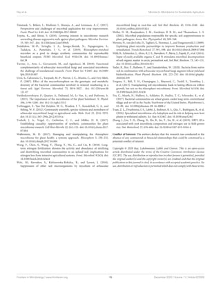 Ray et al. Microbe to Microbiome for Sustainable Agriculture
Timmusk, S., Behers, L., Muthoni, J., Muraya, A., and Aronsson, A.-C. (2017).
Perspectives and challenges of microbial application for crop improvement.
Front. Plant Sci. 8:49. doi: 10.3389/fpls.2017.00049
Toyota, K., and Shirai, S. (2018). Growing interest in microbiome research
unraveling disease suppressive soils against plant pathogens. Microbes Environ.
33, 345–347. doi: 10.1264/jsme2.me3304rh
Tsolakidou, M.-D., Stringlis, I. A., Fanega-Sleziak, N., Papageorgiou, S.,
Tsalakou, A., Pantelides, I. S., et al. (2019). Rhizosphere-enriched
microbes as a pool to design synthetic communities for reproducible
beneficial outputs. FEMS Microbiol. Ecol. 95:fiz138. doi: 10.1093/femsec/
fiz138
Turrini, A., Avio, L., Giovannetti, M., and Agnolucci, M. (2018). Functional
complementarity of arbuscular mycorrhizal fungi and associated microbiota:
the challenge of translational research. Front. Plant Sci. 9:1407. doi: 10.3389/
fpls.2018.01407
Uroz, S., Calvaruso, C., Turpault, M.-P., Pierrat, J.-C., Mustin, C., and Frey-Klett,
P. (2007). Effect of the mycorrhizosphere on the genotypic and metabolic
diversity of the bacterial communities involved in mineral weathering in a
forest soil. Appl. Environ. Microbiol. 73, 3019–3027. doi: 10.1128/aem.00
121-07
Vandenkoornhuyse, P., Quaiser, A., Duhamel, M., Le Van, A., and Dufresne, A.
(2015). The importance of the microbiome of the plant holobiont. N. Phytol.
206, 1196–1206. doi: 10.1111/nph.13312
Verbruggen, E., Van Der Heijden, M. G., Weedon, J. T., Kowalchuk, G. A., and
Röling, W. F. (2012). Community assembly, species richness and nestedness of
arbuscular mycorrhizal fungi in agricultural soils. Mole. Ecol. 21, 2341–2353.
doi: 10.1111/j.1365-294x.2012.05534.x
Vorholt, J. A., Vogel, C., Carlström, C. I., and Müller, D. B. (2017).
Establishing causality: opportunities of synthetic communities for plant
microbiome research. Cell Host Microbe 22, 142–155. doi: 10.1016/j.chom.2017.
07.004
Wallenstein, M. D. (2017). Managing and manipulating the rhizosphere
microbiome for plant health: a systems approach. Rhizosphere 3, 230–232.
doi: 10.1016/j.rhisph.2017.04.004
Wang, F., Chen, S., Wang, Y., Zhang, Y., Hu, C., and Liu, B. (2018). Long-
term nitrogen fertilization elevates the activity and abundance of nitrifying
and denitrifying microbial communities in an upland soil: implications for
nitrogen loss from intensive agricultural systems. Front. Microbiol. 9:2424. doi:
10.3389/fmicb.2018.02424
Welc, M., Ravnskov, S., Kieliszewska-Rokicka, B., and Larsen, J. (2010).
Suppression of other soil microorganisms by mycelium of arbuscular
mycorrhizal fungi in root-free soil. Soil Biol. Biochem. 42, 1534–1540. doi:
10.1016/j.soilbio.2010.05.024
Weller, D. M., Raaijmakers, J. M., Gardener, B. B. M., and Thomashow, L. S.
(2002). Microbial populations responsible for specific soil suppressiveness to
plant pathogens. Annu. Rev. Phytopathol. 40, 309–348.
Weyens, N., van der Lelie, D., Taghavi, S., Newman, L., and Vangronsveld, J. (2009).
Exploiting plant-microbe partnerships to improve biomass production and
remediation. Trends Biotechnol. 27, 591–598. doi: 10.1016/j.tibtech.2009.07.006
Wild, B., Schnecker, J., Alves, R. J. E., Barsukov, P., Bárta, J., Èapek, P., et al. (2014).
Input of easily available organic C and N stimulates microbial decomposition
of soil organic matter in arctic permafrost soil. Soil Biol. Biochem. 75, 143–151.
doi: 10.1016/j.soilbio.2014.04.014
Yadav, R., Ror, P., Rathore, P., and Ramakrishna, W. (2020). Bacteria from native
soil in combination with arbuscular mycorrhizal fungi augment wheat yield and
biofortification. Plant Physiol. Biochem. 150, 222–233. doi: 10.1016/j.plaphy.
2020.02.039
Yergeau, E., Bell, T. H., Champagne, J., Maynard, C., Tardif, S., Tremblay, J.,
et al. (2015). Transplanting soil microbiomes leads to lasting effects on willow
growth, but not on the rhizosphere microbiome. Front. Microbiol. 6:1436. doi:
10.3389/fmicb.2015.01436
Yin, C., Mueth, N., Hulbert, S., Schlatter, D., Paulitz, T. C., Schroeder, K., et al.
(2017). Bacterial communities on wheat grown under long-term conventional
tillage and no-till in the Pacific Northwest of the United States. Phytobiomes 1,
83–90. doi: 10.1094/pbiomes-09-16-0008-r
Yuan, Z. L., Druzhinina, I. S., Labbé, J., Redman, R. S., Qin, Y., Rodriguez, R., et al.
(2016). Specialized microbiome of a halophyte and its role in helping non-host
plants to withstand salinity. Sci. Rep. 6:32467. doi: 10.1038/srep32467
Zhang, J., Liu, Y.-X., Zhang, N., Hu, B., Jin, T., Xu, H., et al. (2019). NRT1.1B is
associated with root microbiota composition and nitrogen use in field-grown
rice. Nat. Biotechnol. 37, 676–684. doi: 10.1038/s41587-019-0104-4
Conflict of Interest: The authors declare that the research was conducted in the
absence of any commercial or financial relationships that could be construed as a
potential conflict of interest.
Copyright © 2020 Ray, Lakshmanan, Labbé and Craven. This is an open-access
article distributed under the terms of the Creative Commons Attribution License
(CC BY). The use, distribution or reproduction in other forums is permitted, provided
the original author(s) and the copyright owner(s) are credited and that the original
publication in this journal is cited, in accordance with accepted academic practice. No
use, distribution or reproduction is permitted which does not comply with these terms.
Frontiers in Microbiology | www.frontiersin.org 15 December 2020 | Volume 11 | Article 622926
 