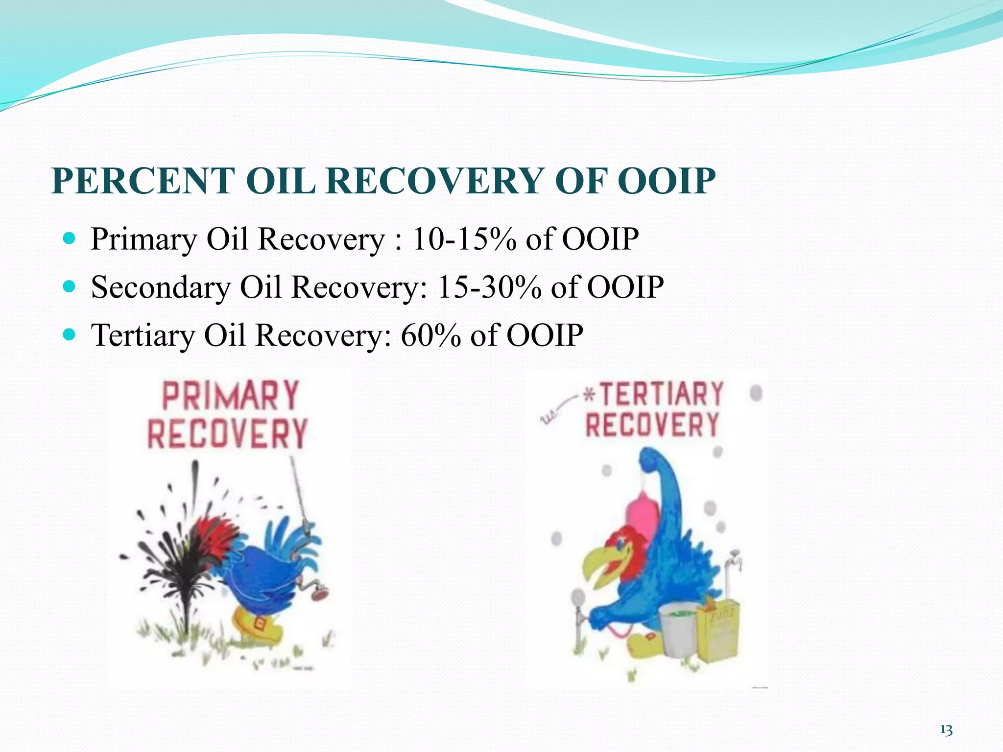 PERCENT OIL RECOVERY OF OOIP
 Primary Oil Recovery : 10-15% of OOIP
 Secondary Oil Recovery: 15-30% of OOIP
 Tertiary Oil Recovery: 60% of OOIP
13
 