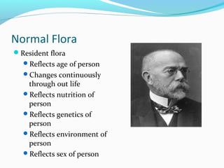 Normal Flora
Resident flora
Reflects age of person
Changes continuously
through out life
Reflects nutrition of
person
Reflects genetics of
person
Reflects environment of
person
Reflects sex of person
 
