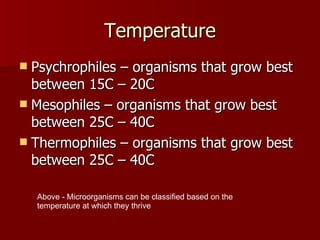 Temperature Psychrophiles – organisms that grow best between 15C – 20C Mesophiles – organisms that grow best between 25C – 40C Thermophiles – organisms that grow best between 25C – 40C Above - Microorganisms can be classified based on the temperature at which they thrive 