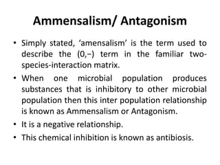 Ammensalism/ Antagonism
• Simply stated, ‘amensalism’ is the term used to
describe the (0,−) term in the familiar two-
species-interaction matrix.
• When one microbial population produces
substances that is inhibitory to other microbial
population then this inter population relationship
is known as Ammensalism or Antagonism.
• It is a negative relationship.
• This chemical inhibition is known as antibiosis.
 